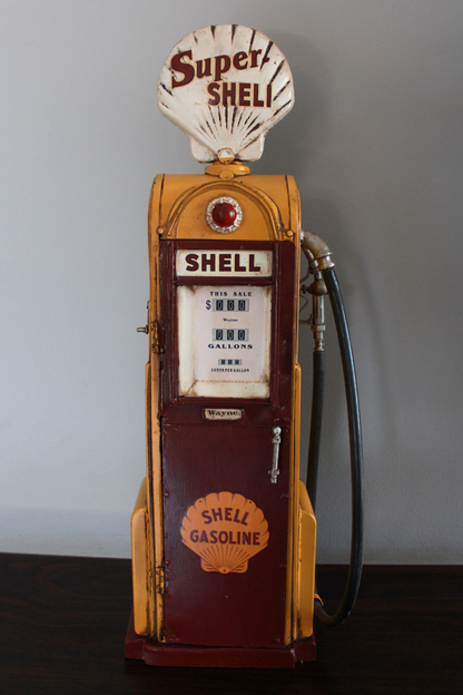 1938 Yellow Brown Shell Gas Pump Old Style Metal Model