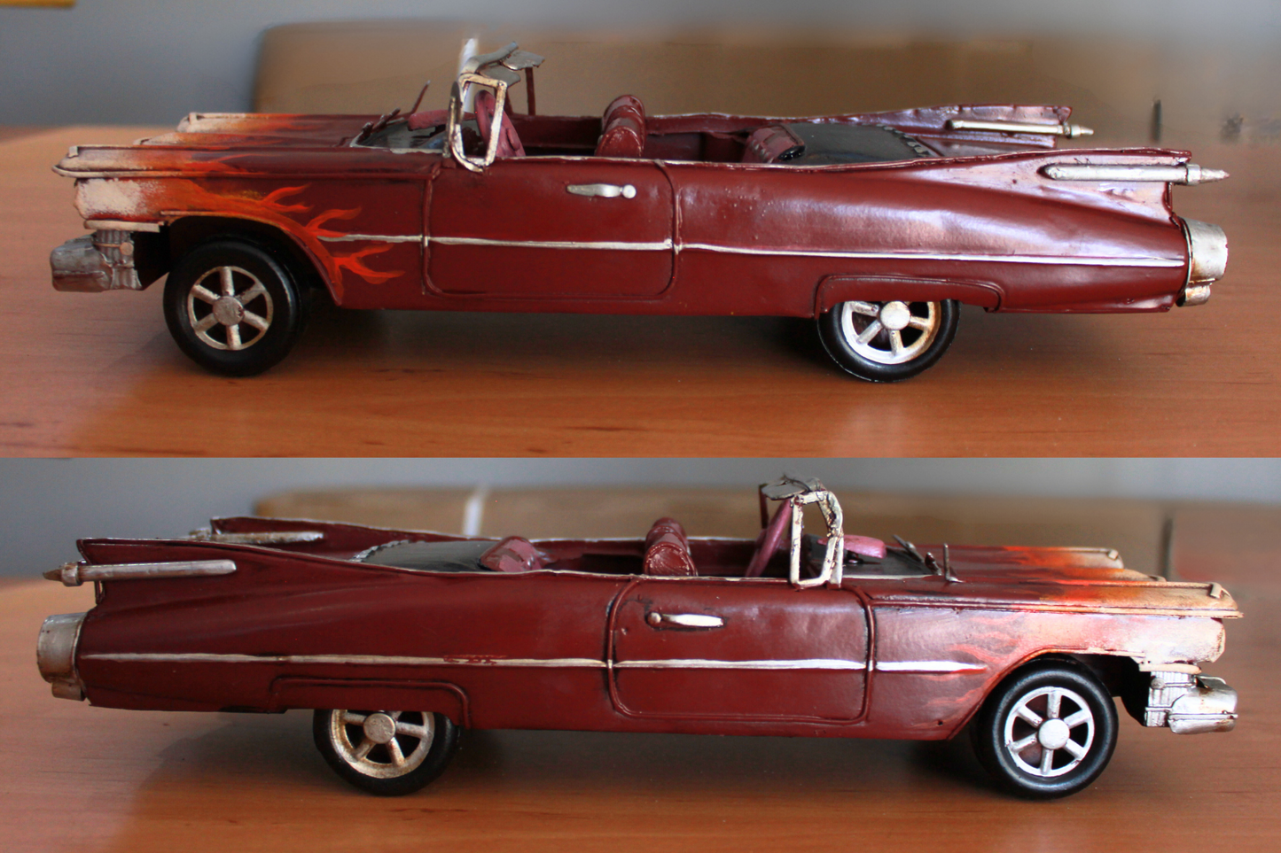 Vintage Hand Made Iron Art Rose Flame Painted 1959 Cadillac Convertible Sports Car Model