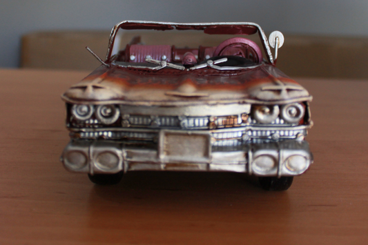 Vintage Hand Made Iron Art Rose Flame Painted 1959 Cadillac Convertible Sports Car Model